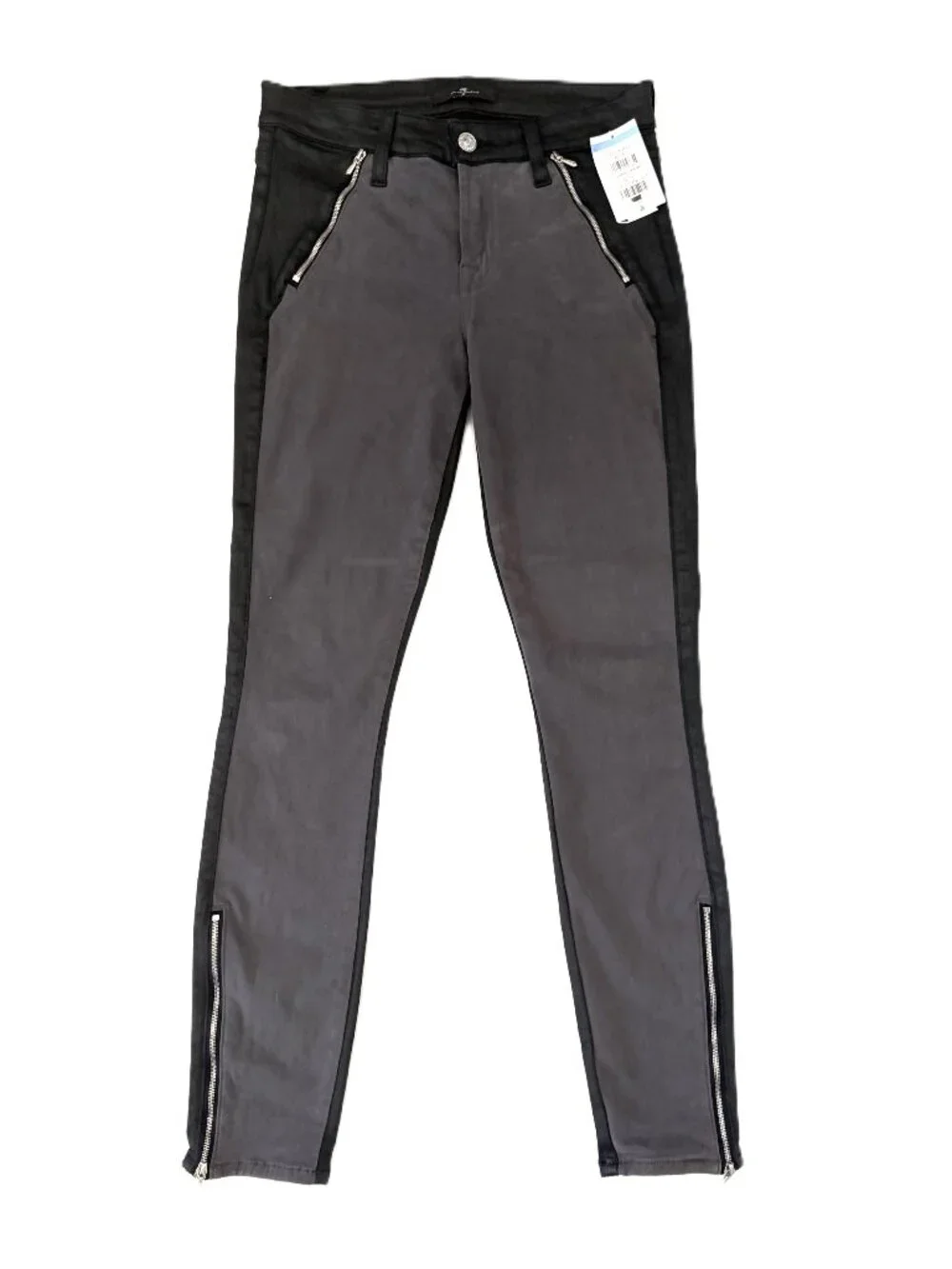 NWOT 7 For All Mankind Two-Toned Skinny Zip Jeans Brushed Sateen/Coated Denim 26